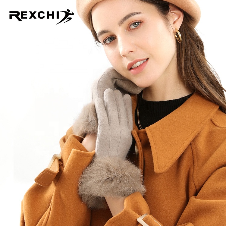 REXCHI DY39 Whoesales Customize Women Gloves Windproof Outdoor Velvet Rabbit Fur Thick Warm Cycling Winter Wool Gloves