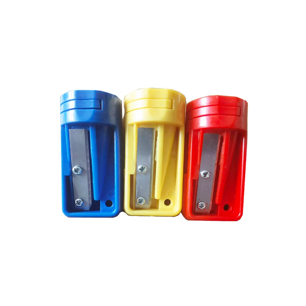 Red, yellow, blue, black carpenter pencil sharpener for wood worker usage