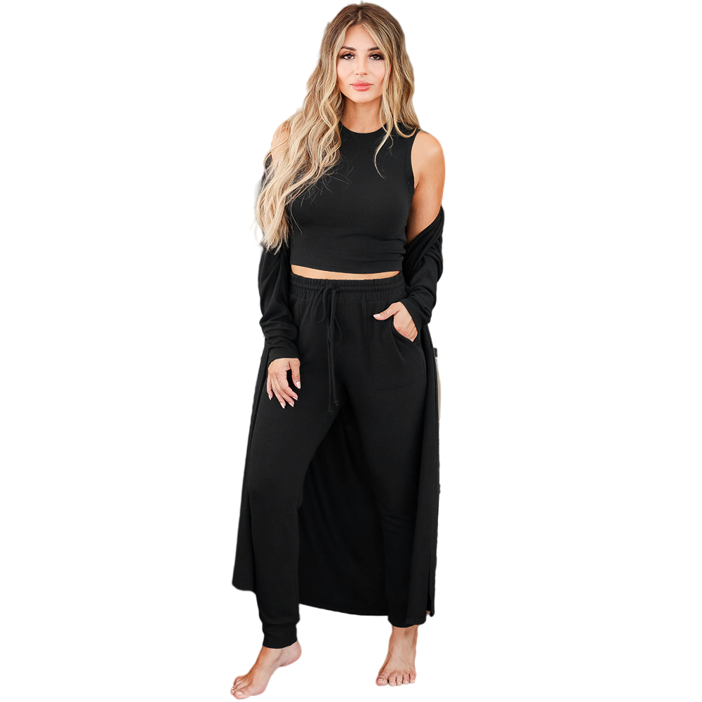 2021 fall latest solid color 3 pieces lounge wear sets women lounge wear pants set custom knitted pajamas for women set