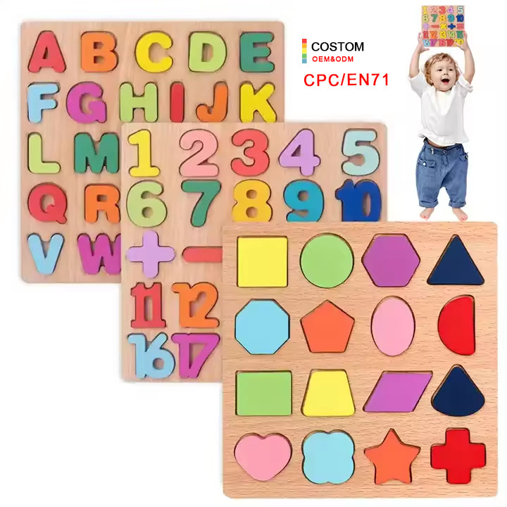 Puzzles for Toddlers 4 Pack Wooden ABC Alphabet Number Shape Puzzles Toddler Learning Toys for Kids Boys and Girls