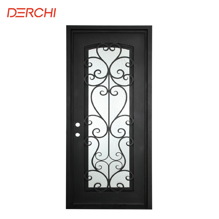 DERCHI New Safety Residential Iron Single door Design Front door Tempered Glass House Iron Wrought door Prices