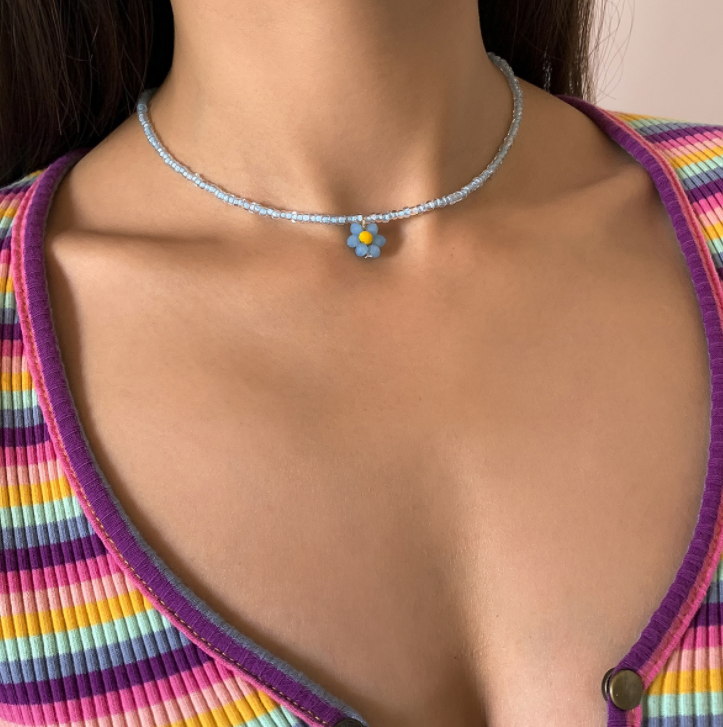 Fashion ethnic INS style single layer rice bead simple imitation crystal flowers woven handmade necklace