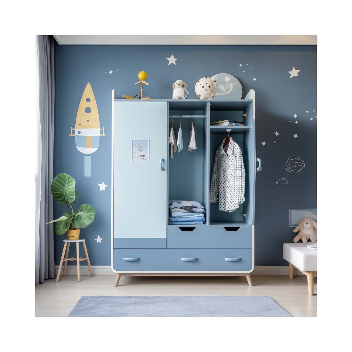 Modern Style Customized Children's Little Boy Wardrobe Furniture Light Pink Blue Series