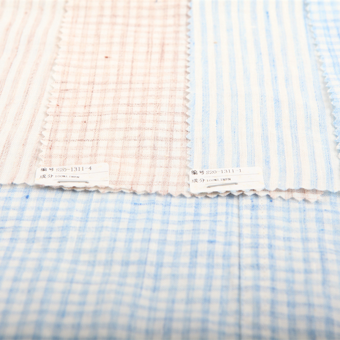 softer 100% linen fabric, 125 gsm, pure European flax, OEKO-Tex certified for garment & T-shirt, melange small check or stripe