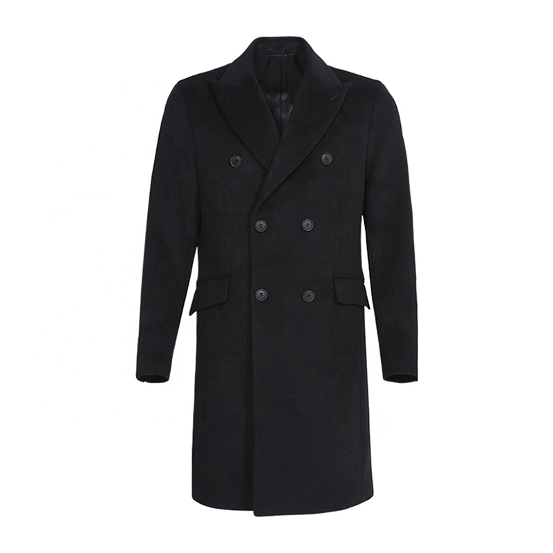 Huiquan Men's Cut Lapel Double-Breasted Slim Wool Long Coat Business Casual Overcoat
