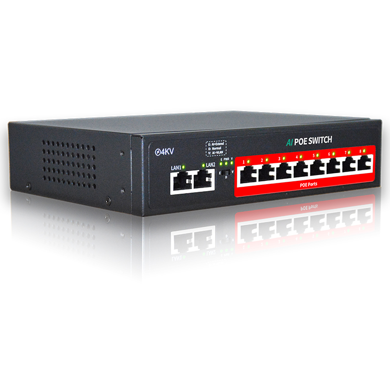 Переключатель PoE OEM/ODM с искусственным интеллектом (8 портов POE + 2 Uplink),802.3af/at PoE + 100 Мбит/с, Встроенная Мощность 120 Вт, увеличение до 250 метров