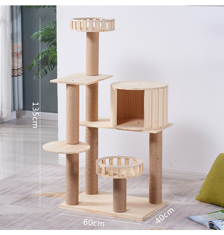Wooden Modern Cat Tower Multi-Layer Cat Condo with Sisal Scratching Posts and Cave Cat Castle House