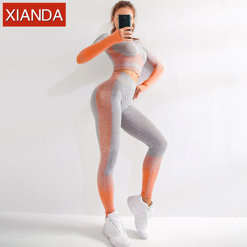 Женский спортивный костюм, бесшовная одежда для спортзала, Женский комплект для занятий йогой, леггинсы для фитнеса, укороченные рубашки, комплекты для тренировок