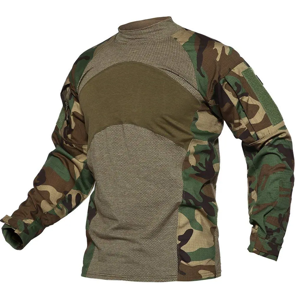 Men's Tactical Military Combat Long Sleeve Shirt Woodland