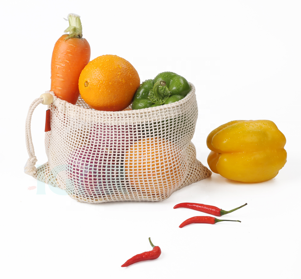 LARGE GRID REUSABLE PRODUCE BAGS Plastic free machine washable reusable grocery & produce shopping bags wooden buckle 43X28CM