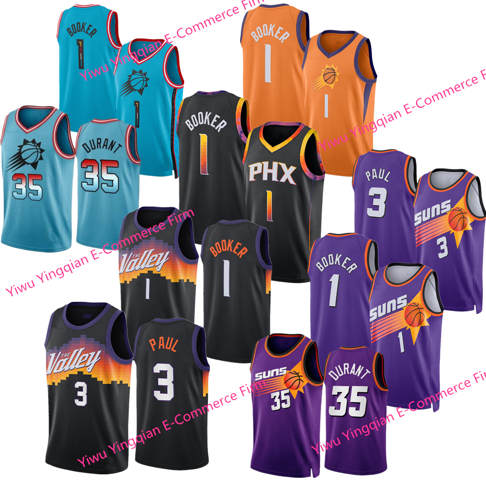 2023 PHX Кевин Дюрант Phoenixs 35 трикотажные изделия 1 Devin Booker 3 Крис Пол 22 Деандре Айтон сшитая баскетбольная форма фиолетового и черного цвета