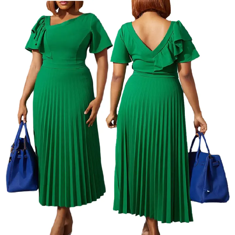 D231 2022 Latest Design Women Dresses Casual Summer Dress Temperament Solid Color Ruffle Short Sleeve Lady Office Dress