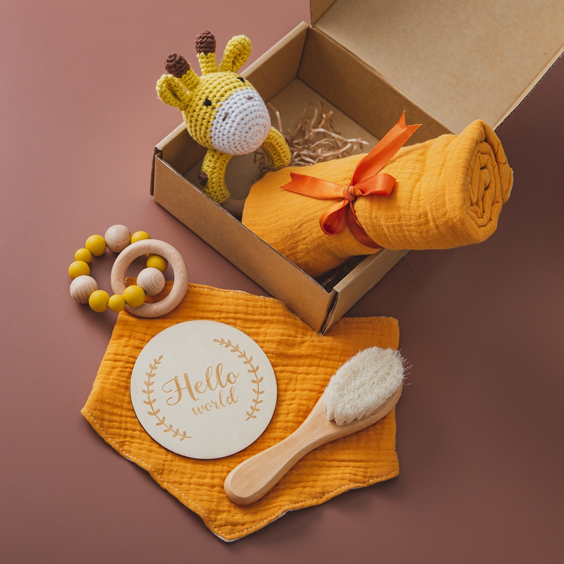 Newborn Gift Box Toy Supplies Set Cotton Blanket Teething Teether Baby Bib Rattle Milestone Wooden Toy Set