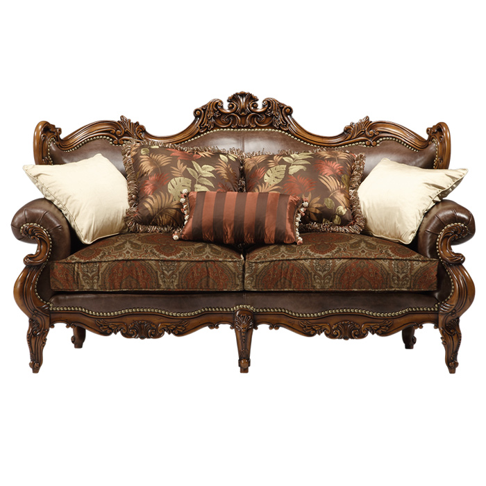 American Style Antique Leather Classic Chinese Wooden hand carved Living Room Sofa Set Furniture