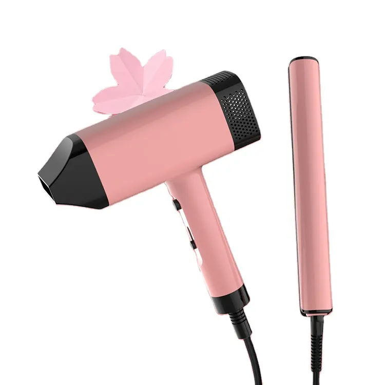 Customized gift pink luxury hair dryer and hair straightener high quality flat iron Set