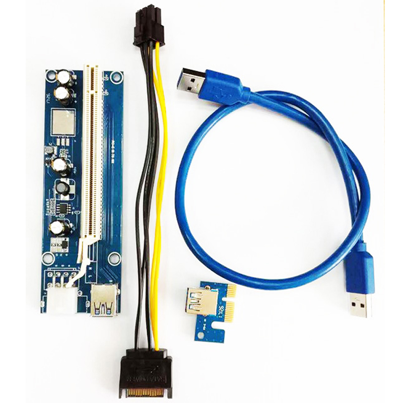 Новинка ETH Ethereum GPU Майнер PCI-E x1 на x16 Подъемник 6 pin PCIe & SATA с USB 3,0 синий VER006c 007s