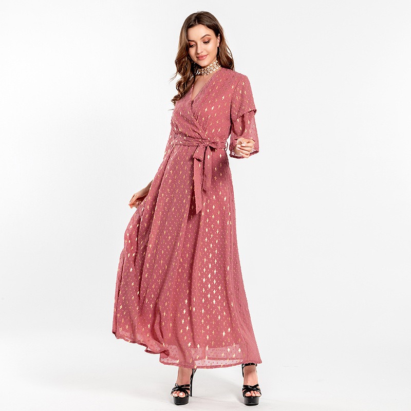 Women Dress Summer Muslim national dress gold brick red Saudi Dubai V neck long skirt luxurious sequined skirt abaya
