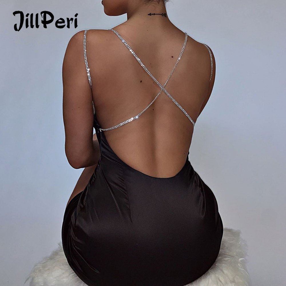 Jillperi Black Satin мини платье пикантная обувь для ночного клуба, костюмы для вечеринок, с низким вырезом на спине знаменитости носят облегающее официальное женское платье