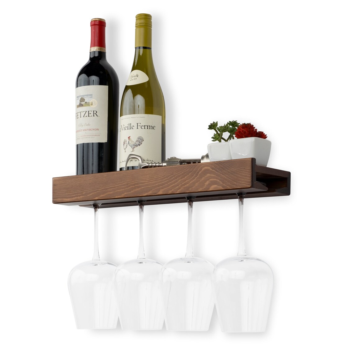 Wall Mounted Wood Wine Bottle and Wine Glass Holder Stemware Rack Storage Walnut