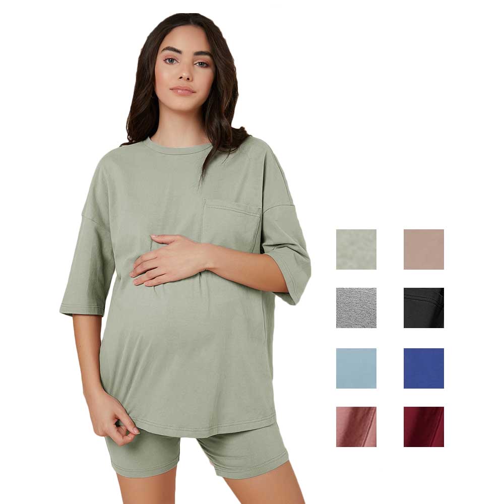 Casual Maternity Clothing Loungewear Drop Shoulder Tee and Legging Shorts Maternity Pajama Sets