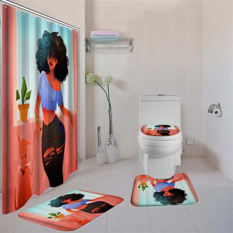 African Shower Curtain and Bath Rug Set with Non-Slip Rugs,Toilet Lid Cover andBath Mat,Afro Girl Bathroom Shower Curtain Sets
