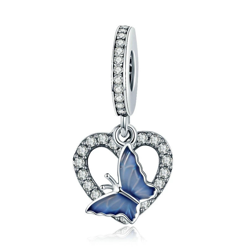 100% Real 925 Sterling Silver Crystal Butterfly with Heart Shape Charm fit Women Charm Bracelets DIY Jewelry Girlfriend Gift