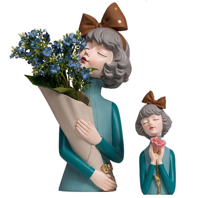 Cut Girl Flower Vase Figurines Sculpture Statue Nordic Modern Resin Bow Girl Fruit Dish Tray Desktop Decoration ornament