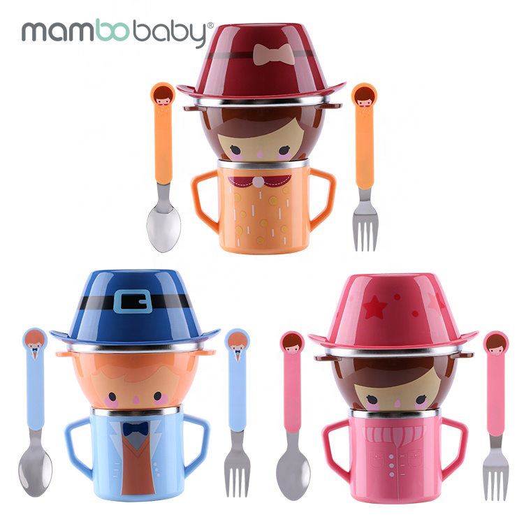 Детская посуда Mambobaby из нержавеющей стали, миска для детского питания, ложка, набор миски для кормления OEM ODM, мультяшный стол для кормления ребенка