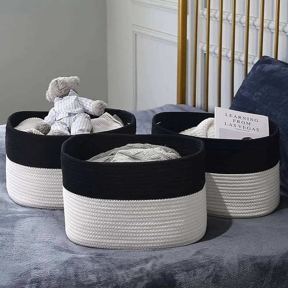 Foldable Cube Storage Basket  Woven Cotton Rope Storage Baskets Set of 3   Durable Decor Rope Basket for Organizing Clothes
