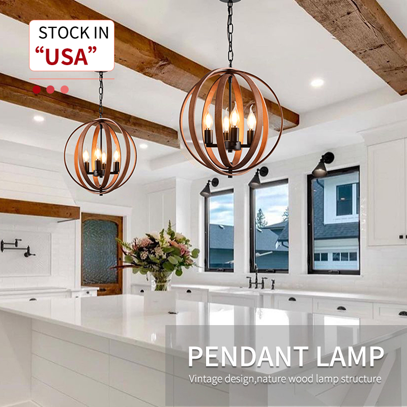 HUAYI Good Price Vintage Style Villa Indoor Decoration Iron Wood Round Ceiling Pendant Lamp