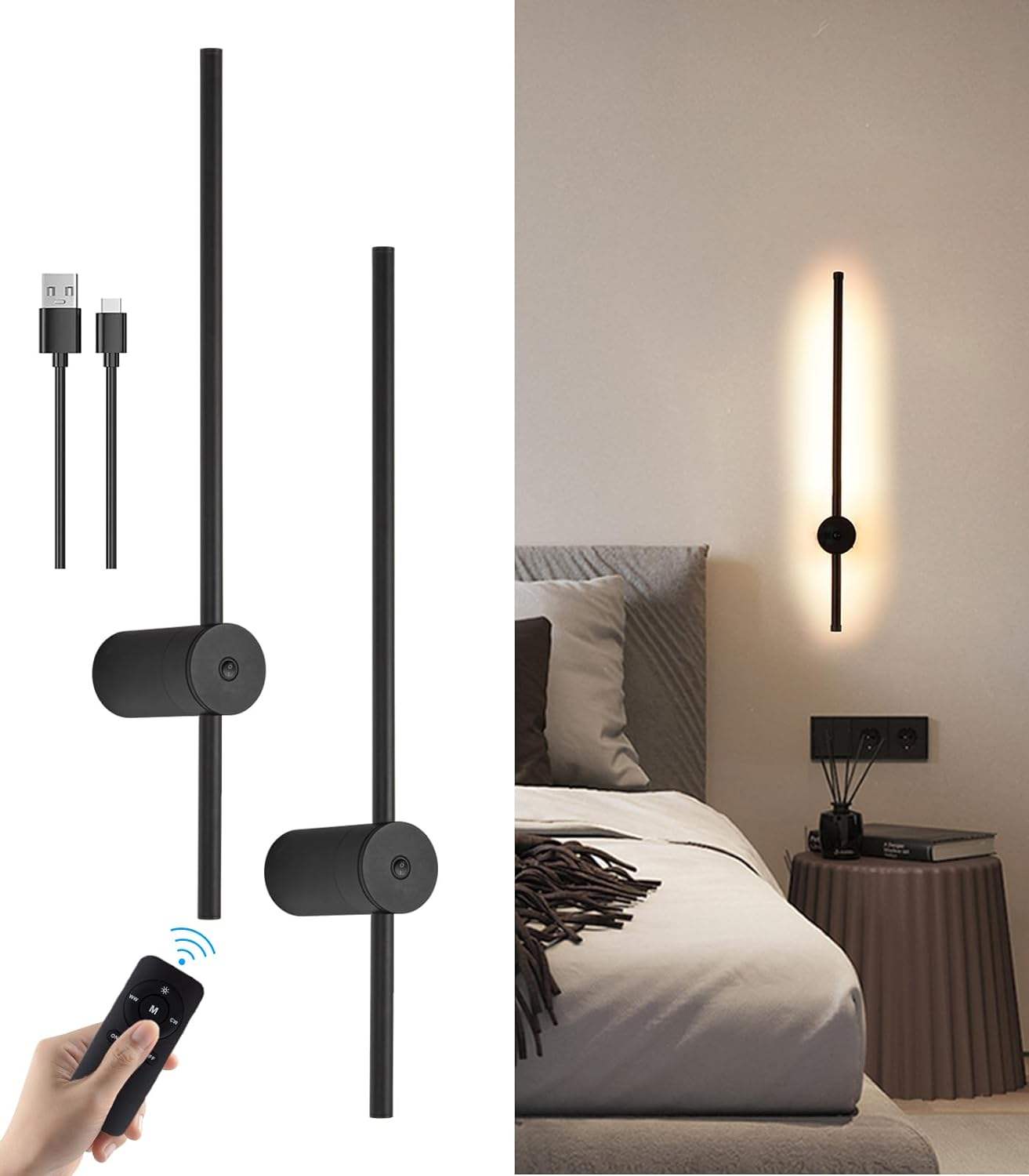 Wireless USB Living Room Bedroom Set of Two Rechargeable lighting sconces battery operated interior wall light