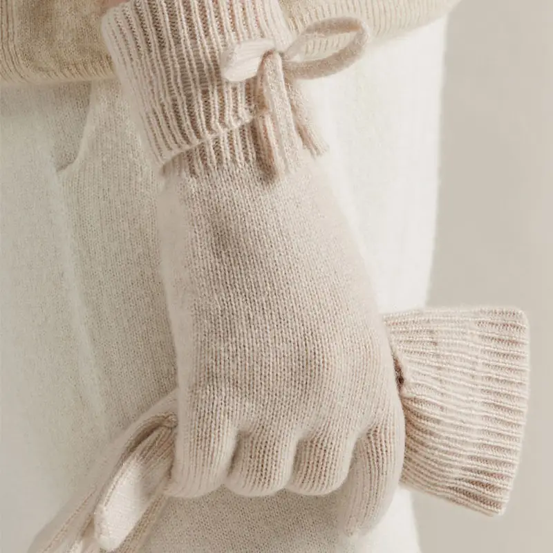 Customized High Quality Lady Bowknot Cashmere Gloves Sheepskin Winter Warm 100% Cashmere Gloves