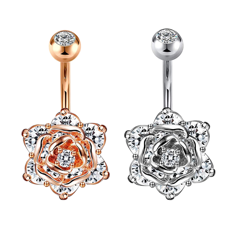 14G Stainless Steel Belly Button Ring Rose Flower for Women Girls Natutal Mixed Stone Navel Rings Body Piercing Jewelry "