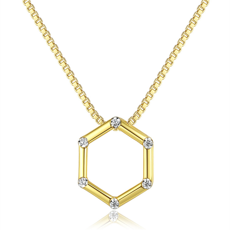 Hexagon Pendant 925 Sterling Silver Box Chain Necklace Cubic Zircon Setting 18k Gold Plated For Women