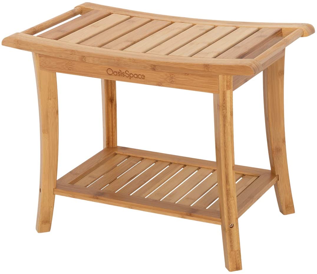 Bamboo Shower Bench for Storage Shelf and Wood Spa Bath Organizer Seat Stool