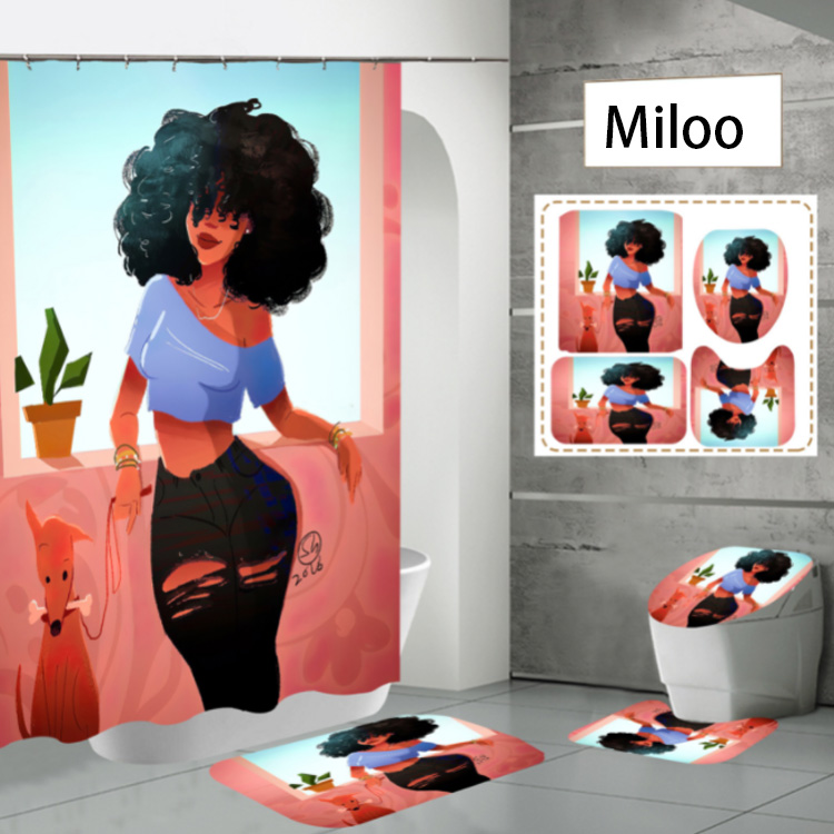 Wholesale 3D printed waterproof custom black girl bathroom carpet set with African shower curtain