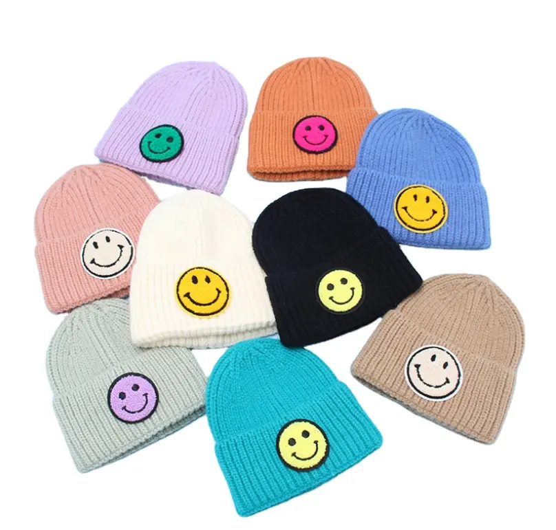 Warm Hat Top Quality New Fashionable Kids Winter Warm Knitted Hat Candy Colors Smiley Face Wool Hat Beanie Cute Knitted Hats For Kids