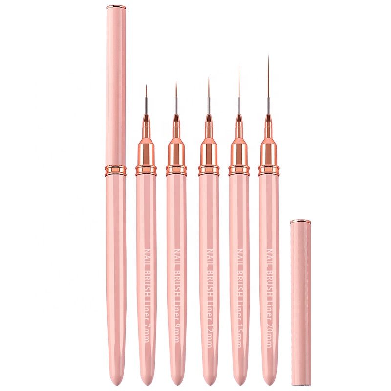 Professional Metal Handle Nylon Hair 5pcs Nail Brush Set Painting Line 9mm Nail Art Liner Brush for Nail Beauty Kits