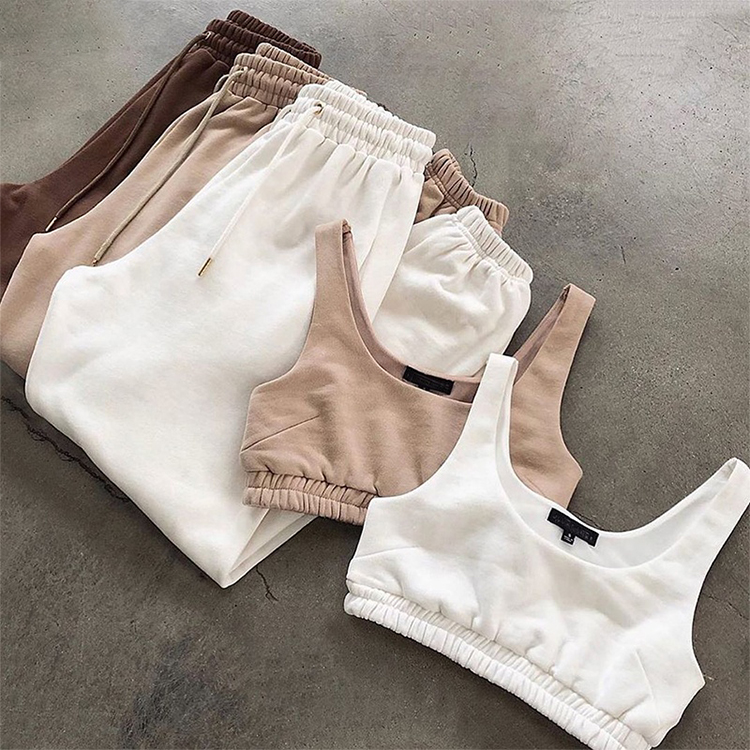Custom Logo Joggers 2 Piece Crop Top Two Piece Pants Jogging Wear Set Comfy Cotton Workout Womens 2021 2 Piece Set