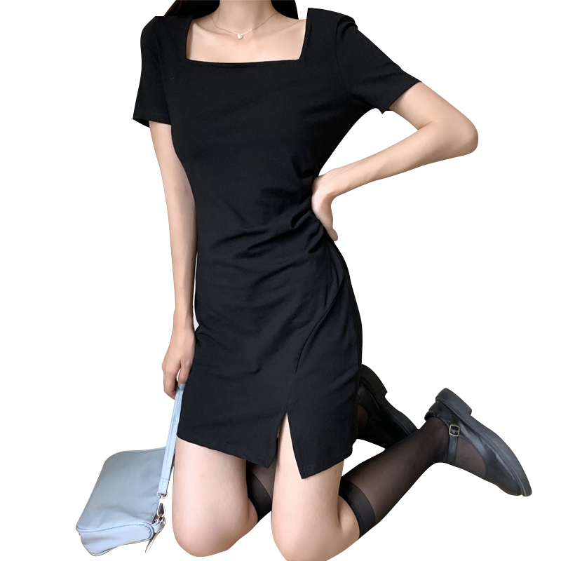 New style Euro- American Hepburn style sexy classic little black skirt dress square collar hem splitting black dress
