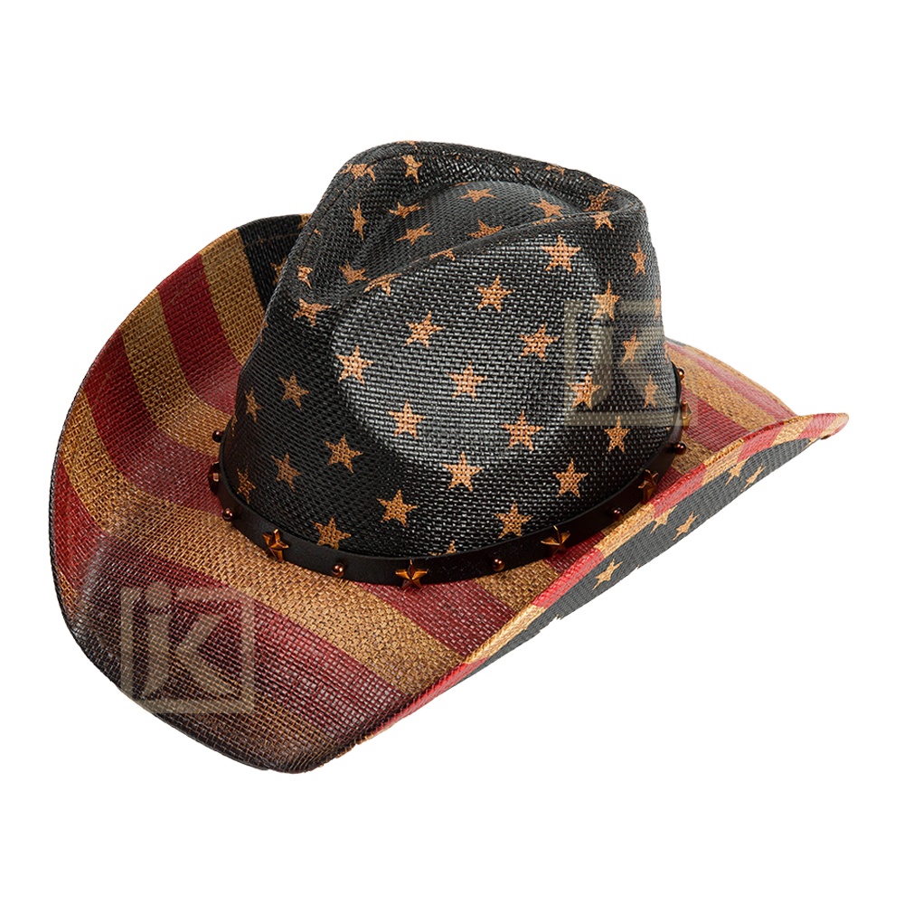 JAKIJAYI Brand custom logo high quality factory cheaper wholesale America flag beach paper straw men cowboy hat