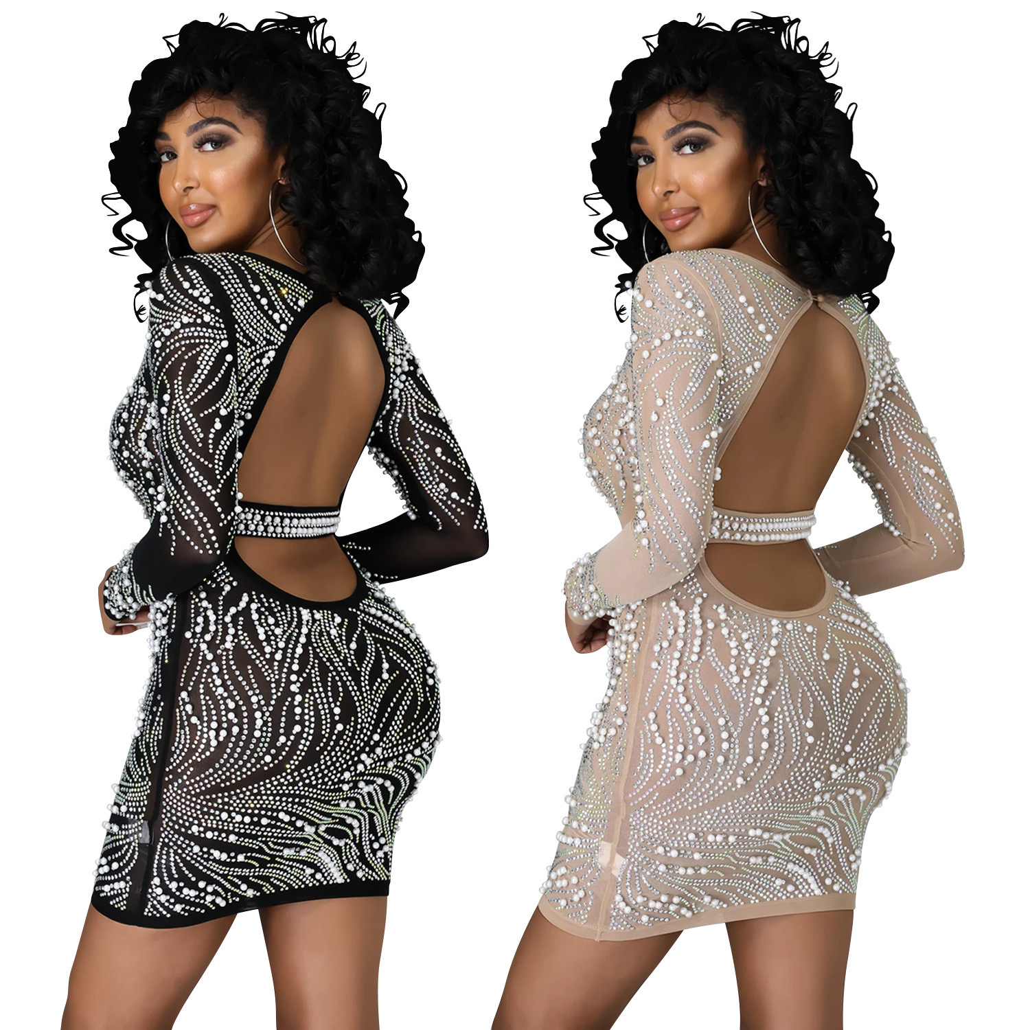 Trendy Fashion Beading Night Club Party Prom Sexy Bodycon Long Sleeve Women Dress