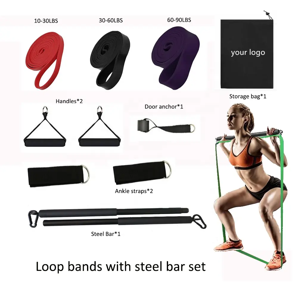 Fitness Resistance loop Band Set with Steel Bar
