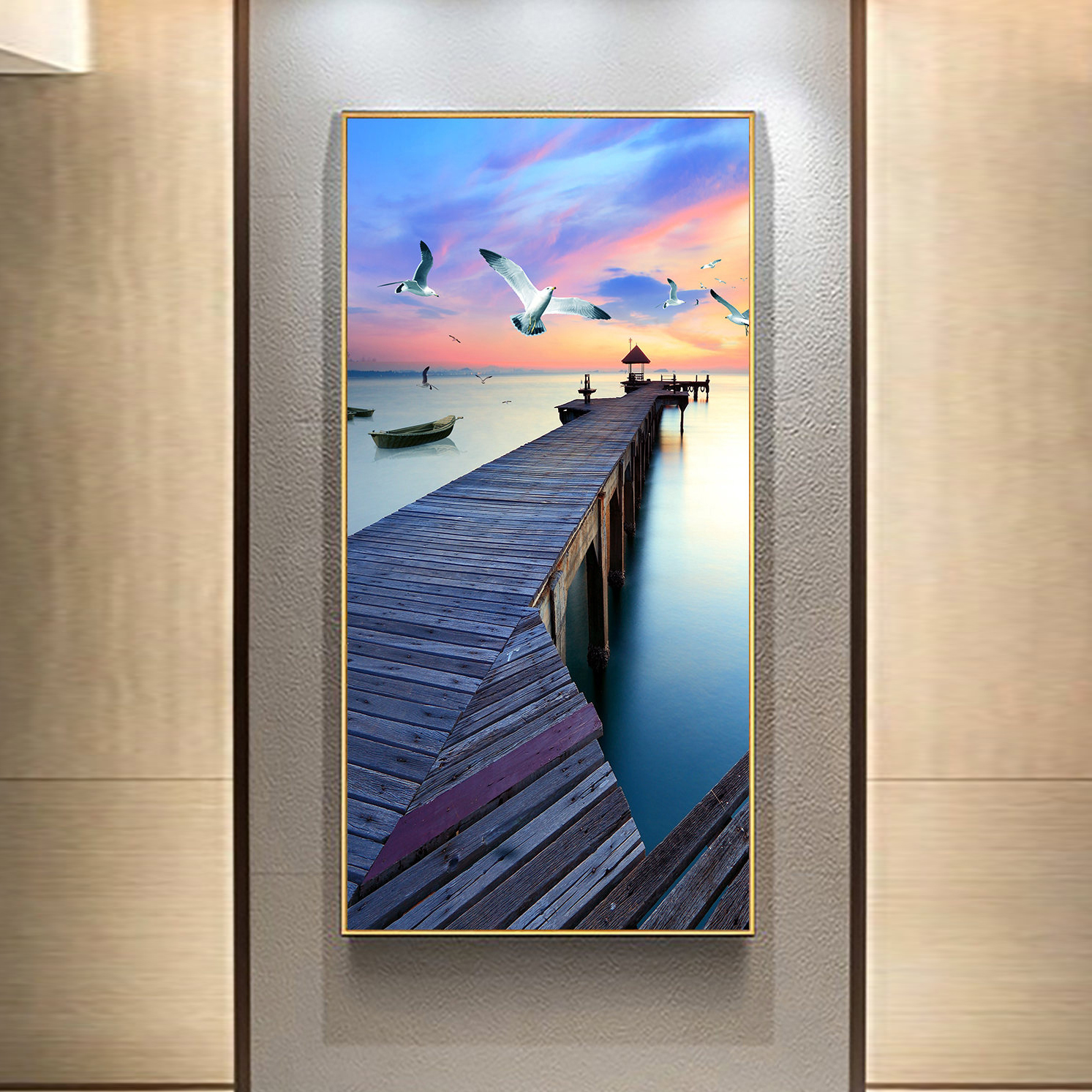Wall frame home decoration prints oil painting blue sea and sky landscape wooden bridge sailboat artwork painting