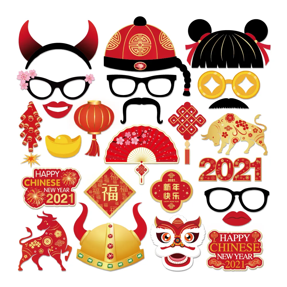 PZ213 25 PCS Chinese New Year Theme Party Funny Photo Props Custom DIY Photo Booth Prop New Year Decoration Party Supplies