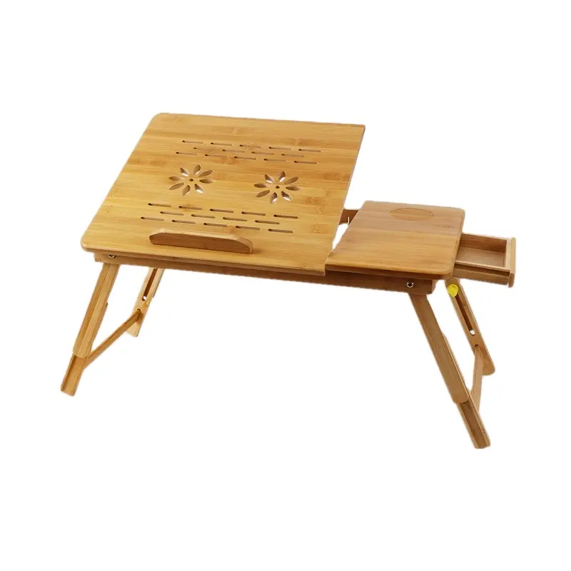 Wholesale wooden small computer desk portable height adjustable folding bamboo laptop table with fans drawer
