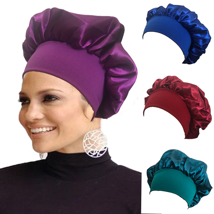 Wide-brimmed high elastic band spliced chemo cap head shower cap Headband ear protection sleeping cap