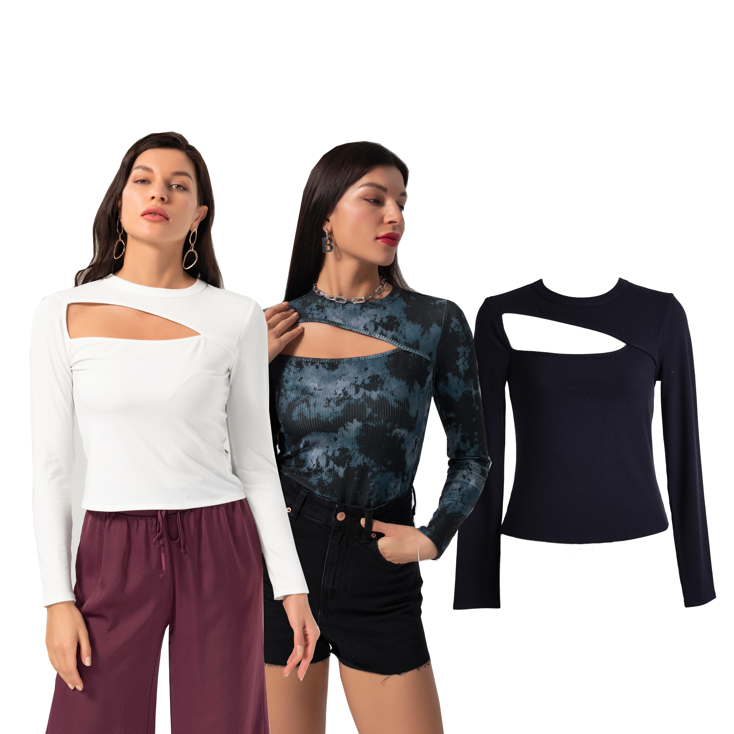 Ladies Tie Dye Long Sleeve Plain Custom Womens Wholesale Rib Crewneck Cut Out Mock Neck Sweatshirt Pullover top