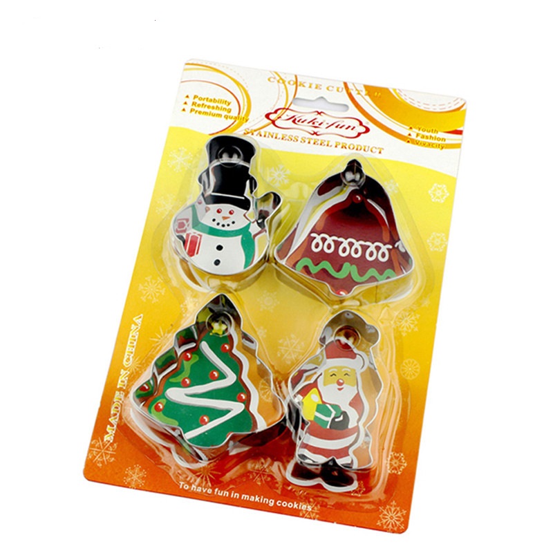 Stainless Steel Christmas 4-Piece Set Bell Christmas Tree Cookie Mould Cake Print DIY Baking Tool