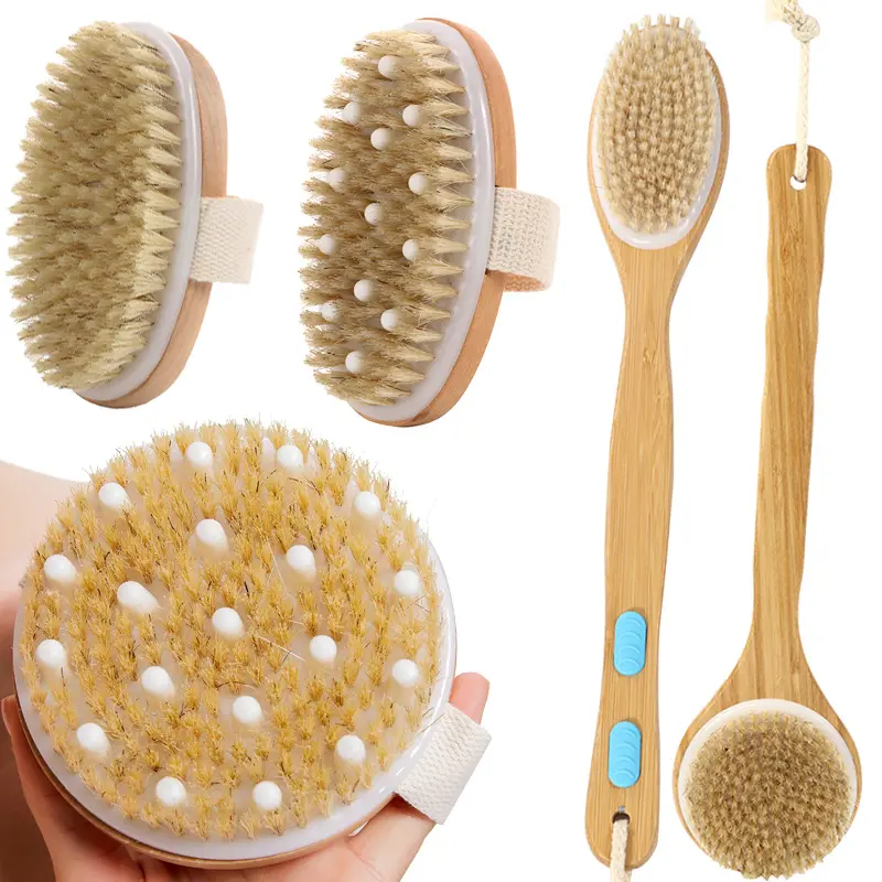 Soft Natural Bristle Exfoliating Bath Brush Bamboo Wooden Bath Brushes Sponges Scrubbers Set Sisal with Long Handle for body